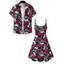 Gothic Couple Outfit Allover Rose Skulls Pattern Spaghetti Strap Mini Tank Dress and Button Up Shirt Matching Outfit - Noir S | US 4