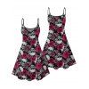 Gothic Couple Outfit Allover Rose Skulls Pattern Spaghetti Strap Mini Tank Dress and Button Up Shirt Matching Outfit - Noir S | US 4