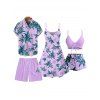 Hawaii Couple Outfit Tropical Plant Print Spaghetti Strap Dress Cinched Tankini Swimsuit and Roll Up Sleeve Shirt Drawstring Shorts Beach Matching Outfit - Violet clair S | US 4