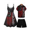 Independence Day Couple Outfit American Flag Letter Pattern Spaghetti Strap Tank Dress and Button Up Shirt Drawstrings Shorts Patriotic Matching Outfit - Noir S | US 4