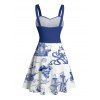 Vacation Couple Outfit Sailing Anchor Starfish Skulls Pattern Ruched Bust Belt Dress and Button Up Shirt Drawstrings Shorts Beach Matching Outfit - Bleu profond S | US 4