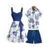 Vacation Couple Outfit Sailing Anchor Starfish Skulls Pattern Ruched Bust Belt Dress and Button Up Shirt Drawstrings Shorts Beach Matching Outfit - Bleu profond S | US 4
