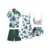 Hawaii Couple Outfit Tropical Plant Print Spaghetti Strap Dress Cinched Tankini Swimsuit and Roll Up Sleeve Shirt Drawstring Shorts Beach Matching Outfit - Blanc S | US 4