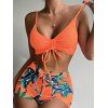 Hawaii Couple Outfit Tropical Plant Print Spaghetti Strap Dress Cinched Tankini Swimsuit and Roll Up Sleeve Shirt Drawstring Shorts Beach Matching Outfit - Orange S | US 4