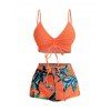 Hawaii Couple Outfit Tropical Plant Print Spaghetti Strap Dress Cinched Tankini Swimsuit and Roll Up Sleeve Shirt Drawstring Shorts Beach Matching Outfit - Orange S | US 4