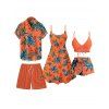 Hawaii Couple Outfit Tropical Plant Print Spaghetti Strap Dress Cinched Tankini Swimsuit and Roll Up Sleeve Shirt Drawstring Shorts Beach Matching Outfit - Orange S | US 4