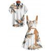 Vacation Couple Outfit Leaf Pattern Ruched Bust Sweetheart Neck A Line Mini Belt Dress and Button Up Shirt Casual Matching Outfit - Blanc S | US 4