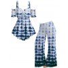 Vacation Women Outfit Tie Dye Ruffle Hem Ruched Bust Cinched Off the Shoulder Top and Wide Leg Pants Casual Two Piece Set - Bleu profond S | US 4