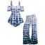 Vacation Women Outfit Tie Dye Ruffle Hem Ruched Bust Cinched Off the Shoulder Top and Wide Leg Pants Casual Two Piece Set - Bleu profond S | US 4