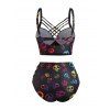 Gothic Couple Outfit Allover Colored Skulls Underwire Lattice Strap High Waisted Briefs Tankini Swimsuit and Button Up Shirt Beach Matching Outfit - Noir S | US 4