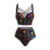 Gothic Couple Outfit Allover Colored Skulls Underwire Lattice Strap High Waisted Briefs Tankini Swimsuit and Button Up Shirt Beach Matching Outfit - Noir S | US 4