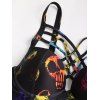 Gothic Couple Outfit Allover Colored Skulls Underwire Lattice Strap High Waisted Briefs Tankini Swimsuit and Button Up Shirt Beach Matching Outfit - Noir S | US 4