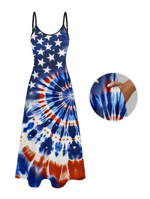 Robe longue patriotique à bretelles spaghetti et motif tourbillon tie-dye avec poches pour le jour de l'indépendance