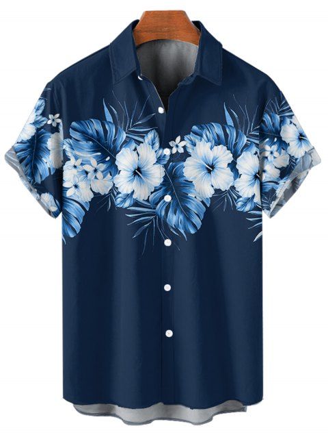 Chemise de vacances à motif de fleurs d'hibiscus pour homme, chemise décontractée à manches courtes et boutons retroussables