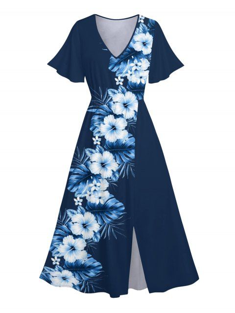 Robe de vacances fendue à motif de fleurs d'hibiscus, manches flottantes, col en V, taille haute, coupe trapèze