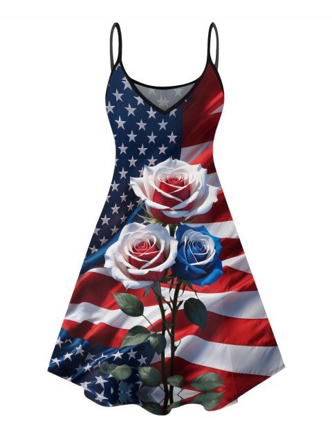 Robe de fête de l'indépendance à rayures étoiles et drapeau américain rose, bretelles spaghetti, col en V, coupe trapèze, mini-robe débardeur patriotique