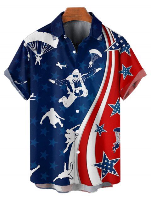 Chemise patriotique à manches courtes et boutons pour homme, motif parachute, drapeau américain, jour de l'indépendance