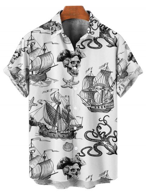 Chemise de plage à manches courtes et boutons pour homme, motif ancre de voile, étoiles de mer, crânes, éléments océaniques