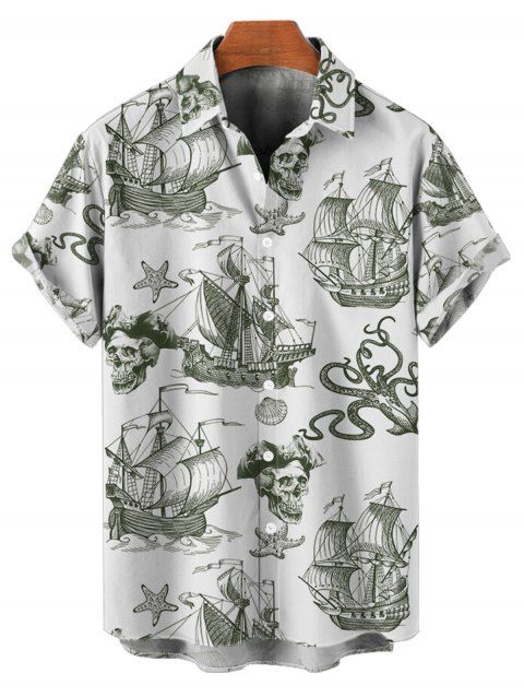 Chemise de plage à manches courtes et boutons pour homme, motif ancre de voile, étoiles de mer, crânes, éléments océaniques