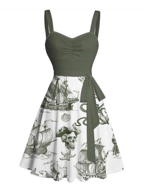 Robe de plage à motif contrasté, ancre de voile, étoiles de mer, crânes, éléments océaniques, buste froncé, col en cœur, ceinture, robe de vacances trapèze mini