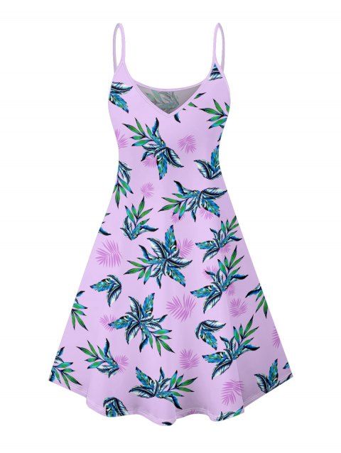 Robe hawaïenne à imprimé plantes tropicales, bretelles spaghetti, col en V, coupe trapèze, mini-robe de vacances