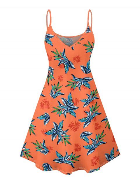 Robe hawaïenne à imprimé plantes tropicales, bretelles spaghetti, col en V, coupe trapèze, mini-robe de vacances