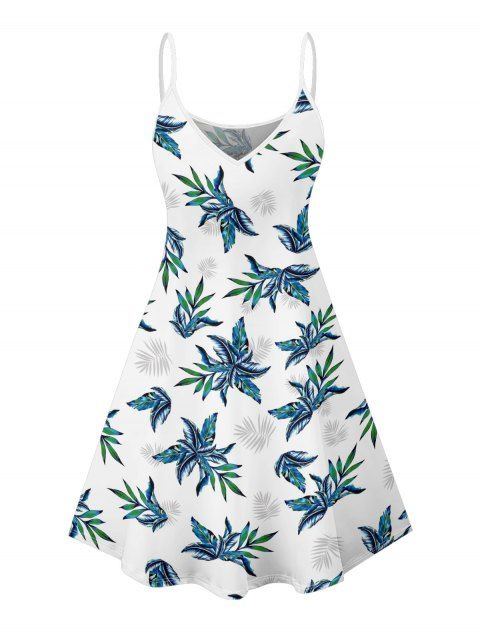 Robe hawaïenne à imprimé plantes tropicales, bretelles spaghetti, col en V, coupe trapèze, mini-robe de vacances