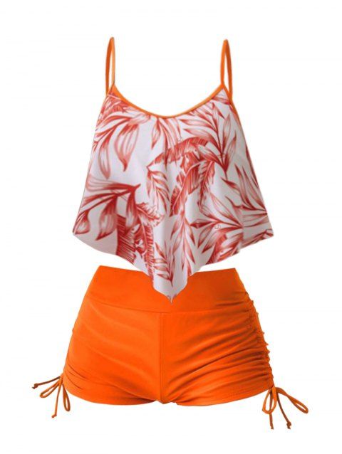 Maillot de bain deux pièces à bretelles spaghetti et ourlet pointu, motif feuilles tropicales, tankini de plage et shorty cintré.