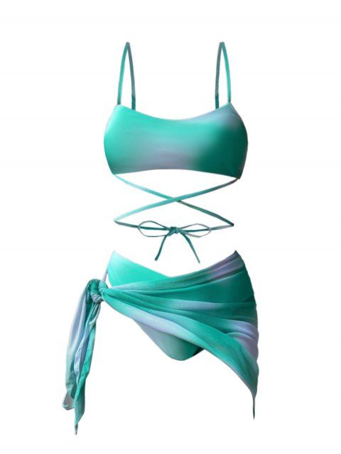 Maillot de bain bikini trois pièces de plage, soutien-gorge croisé ombré et slip taille haute, jupe transparente nouée sur le côté, maillots de bain de vacances