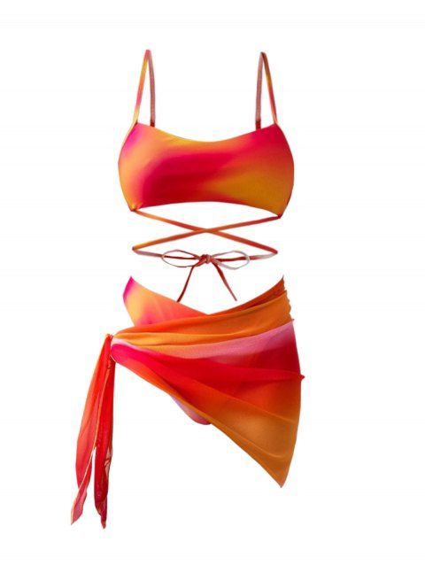 Maillot de bain bikini trois pièces de plage, soutien-gorge croisé ombré et slip taille haute, jupe transparente nouée sur le côté, maillots de bain de vacances
