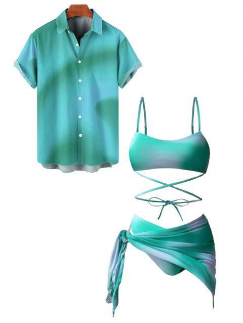 Vacation Couple Outfit Ombre Crisscross Bra and High Cut Briefs See Thru Tied Side Skirt Three Piece Bikini Swimsuit and Button Up Shirt Beach Matching Outfit