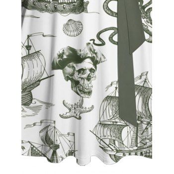 Contrast Color Sailing Anchor Starfish Skulls Ocean Elements Pattern Beach Dress Ruched Bust Sweetheart Neck Belt A Line Mini Vacation Dress