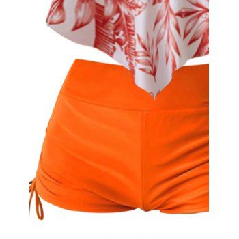 Beach Tankini Tropical Leaf Pattern Spaghetti Strap Pointed Hem Swim Top and Cinched Boyshorts Two Piece Vacation Swimwear
