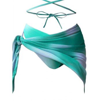 Beach Three Piece Bikini Swimsuit Ombre Crisscross Bra and High Cut Briefs See Thru Tied Side Skirt Vacation Swimwear