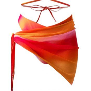 Beach Three Piece Bikini Swimsuit Ombre Crisscross Bra and High Cut Briefs See Thru Tied Side Skirt Vacation Swimwear