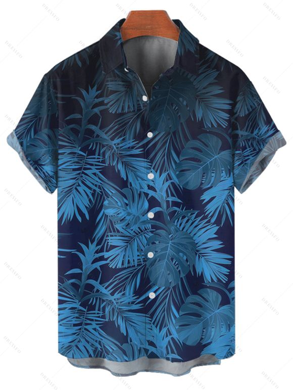 Chemise de Plage de Vacances Boutonnée Motif de Feuille Tropicale à Manches Roulées - Bleu 2XL