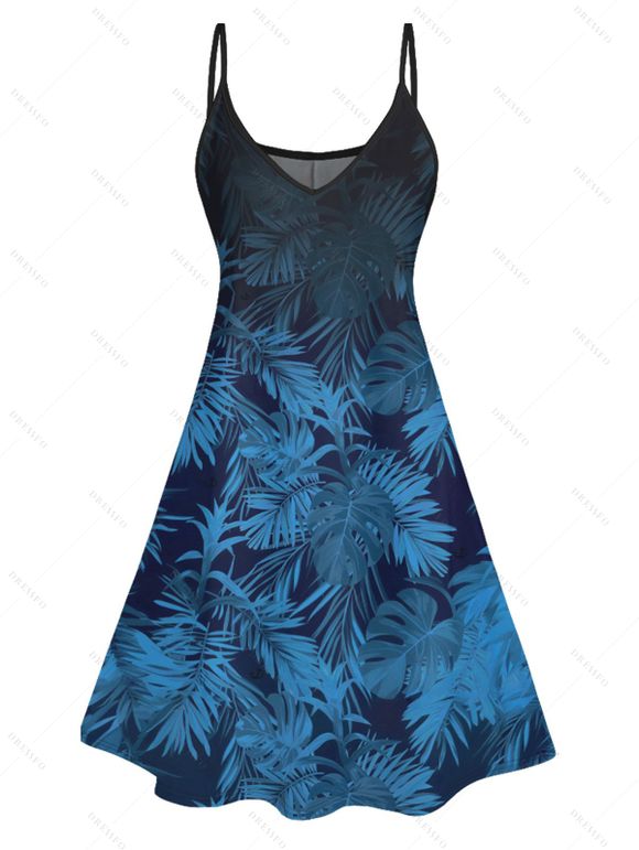 Mini Robe Ligne A Motif de Feuille Tropicale à Bretelle Fine à Col V - Bleu S | US 4
