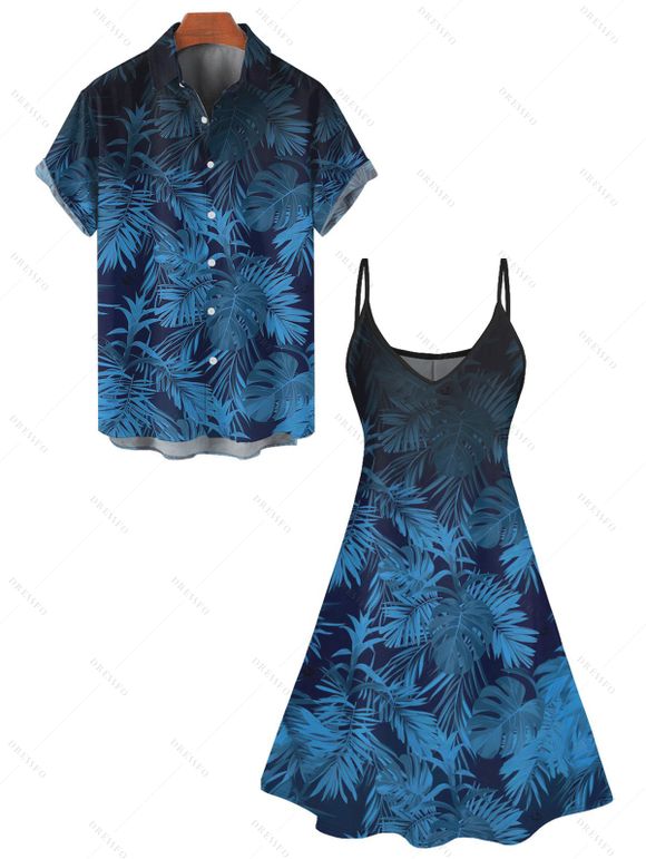 Vacation Couple Outfit Allover Tropical Leaf Pattern Spaghetti Strap V Neck A Line Mini Tank Dress and Roll Up Sleeve Shirt Beach Matching Outfit - Bleu S | US 4