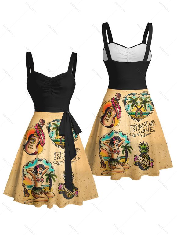 Mini Robe de Vacances Vintage Motif de Cœur Sapin et de Fruit - Noir L | US 8-10