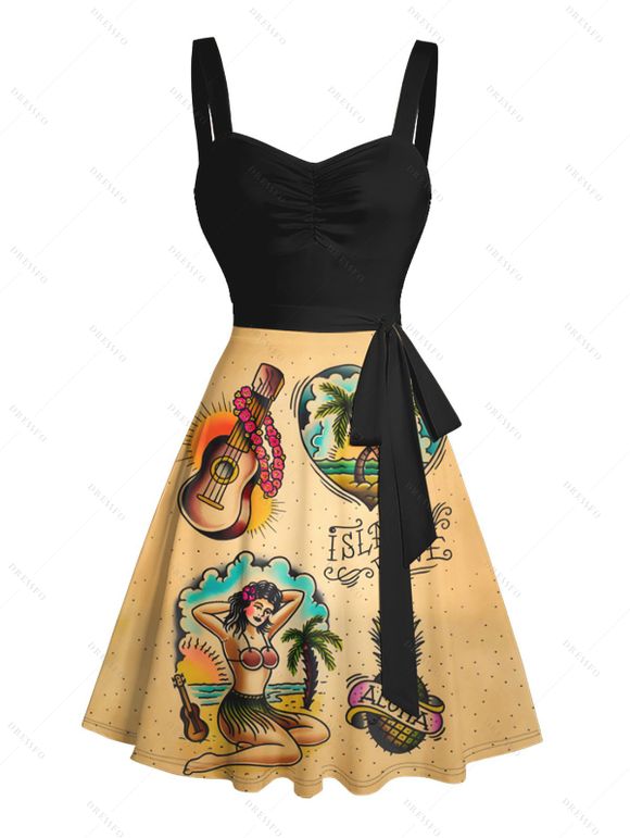 Vintage Couple Outfit Guitar Fruit Coconut Tree Heart Letter Pattern Ruched Bust Belt Sweetheart Neck A Line Mini Dress and Roll Up Sleeve Shirt Vacation Matching Outfit - café S | US 4