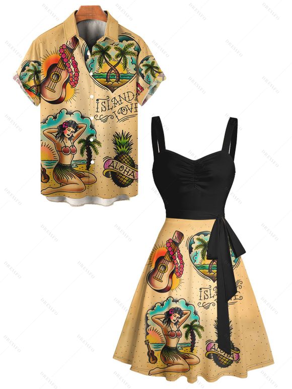 Vintage Couple Outfit Guitar Fruit Coconut Tree Heart Letter Pattern Ruched Bust Belt Sweetheart Neck A Line Mini Dress and Roll Up Sleeve Shirt Vacation Matching Outfit - café S | US 4