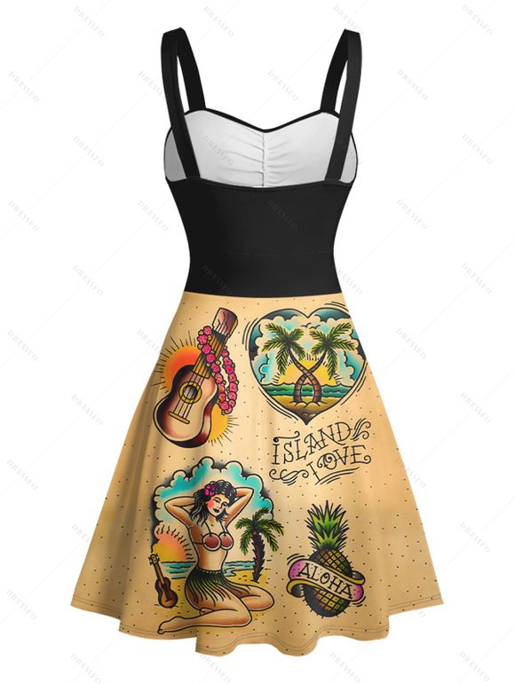 Vintage Couple Outfit Guitar Fruit Coconut Tree Heart Letter Pattern Ruched Bust Belt Sweetheart Neck A Line Mini Dress and Roll Up Sleeve Shirt Vacation Matching Outfit - café S | US 4