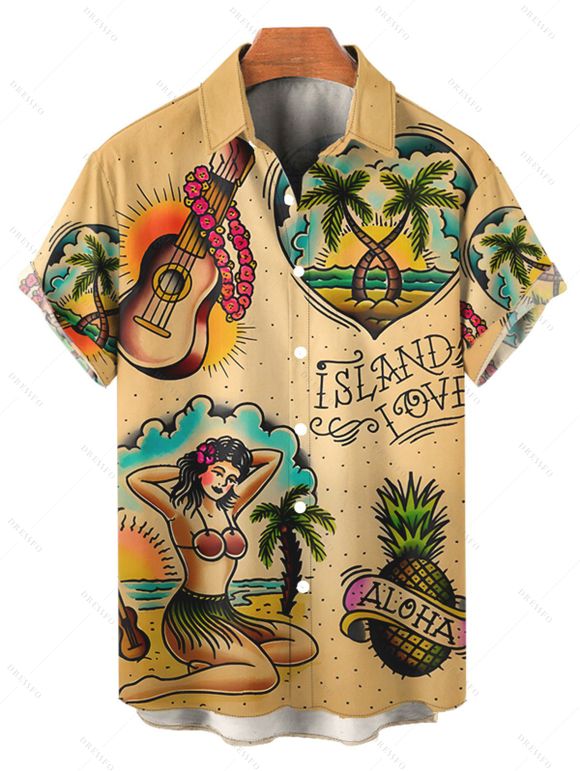 Vintage Couple Outfit Guitar Fruit Coconut Tree Heart Letter Pattern Ruched Bust Belt Sweetheart Neck A Line Mini Dress and Roll Up Sleeve Shirt Vacation Matching Outfit - café S | US 4
