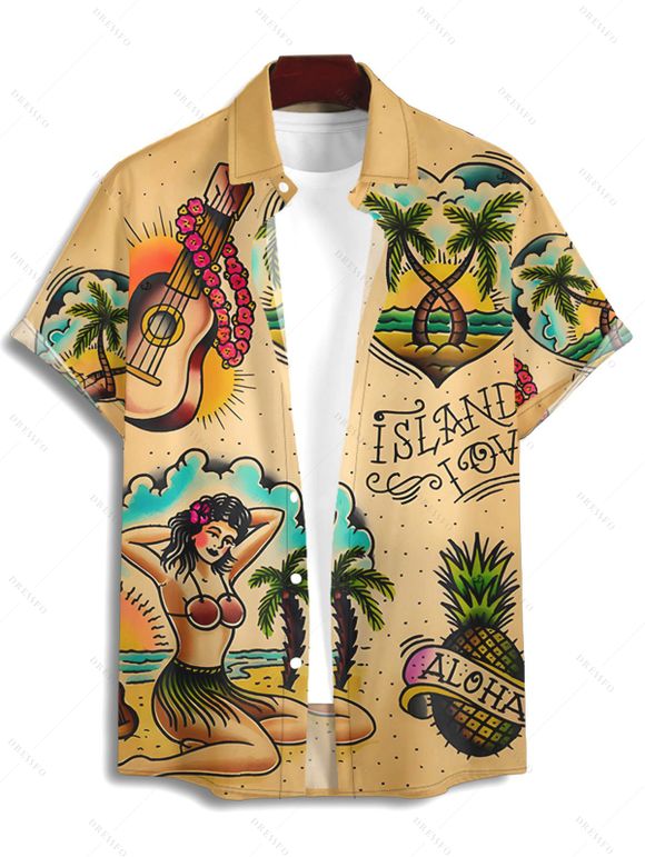 Vintage Couple Outfit Guitar Fruit Coconut Tree Heart Letter Pattern Ruched Bust Belt Sweetheart Neck A Line Mini Dress and Roll Up Sleeve Shirt Vacation Matching Outfit - café S | US 4