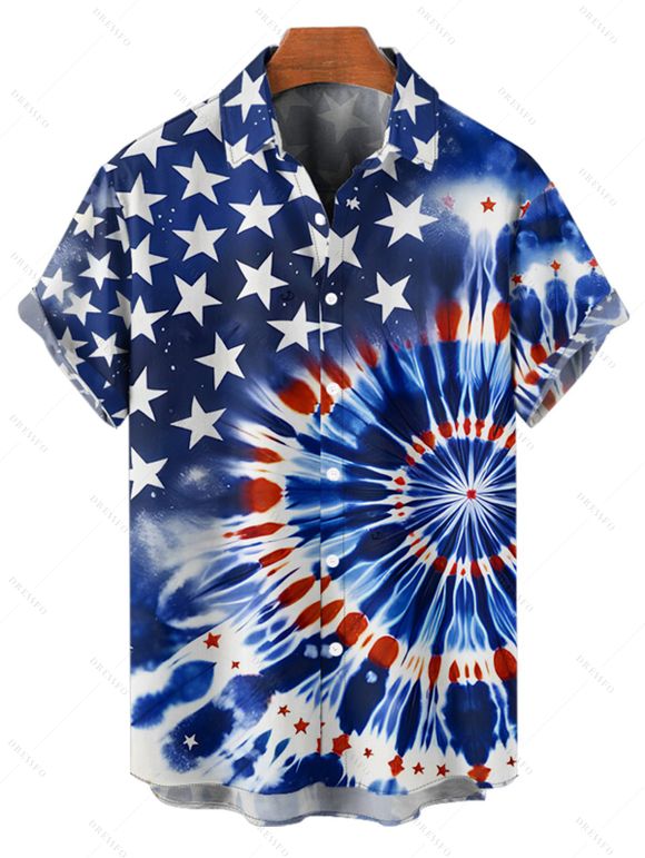 Chemise homme à manches courtes et boutons, motif tourbillonnant, motif drapeau américain, motif tie-dye, pour le jour de l'indépendance - Bleu de Minuit 5XL