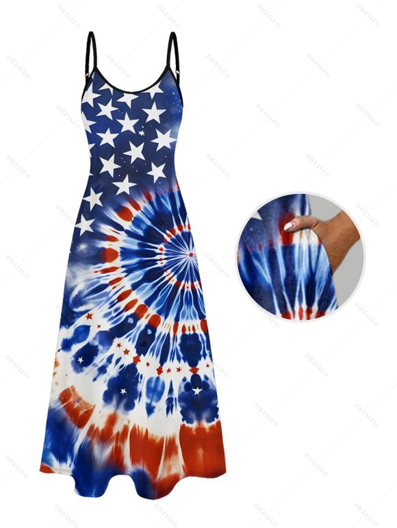 Robe longue patriotique à bretelles spaghetti et motif tourbillon tie-dye avec poches pour le jour de l'indépendance - Bleu de Minuit XXL | US 14