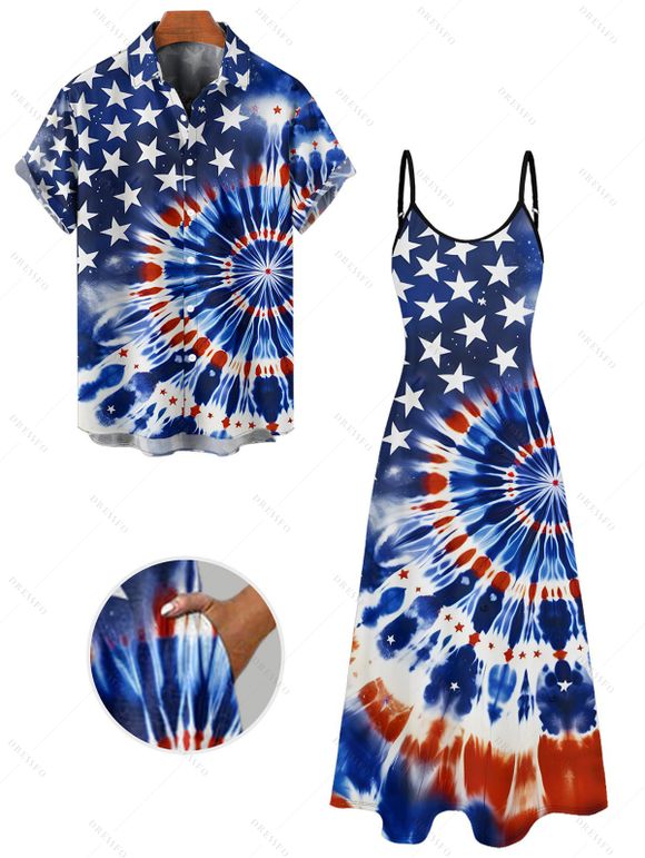 Independence Day Couple Outfit American Flag Elements Tie Dye Swirl Pattern Pocket Dress and Button Up Shirt Patriotic Matching Outfit - Bleu de Minuit S | US 4