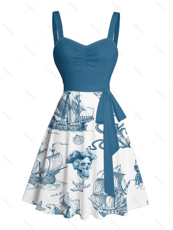 Contrast Color Sailing Anchor Starfish Skulls Ocean Elements Pattern Beach Dress Ruched Bust Sweetheart Neck Belt A Line Mini Vacation Dress - GREEN S | US 4