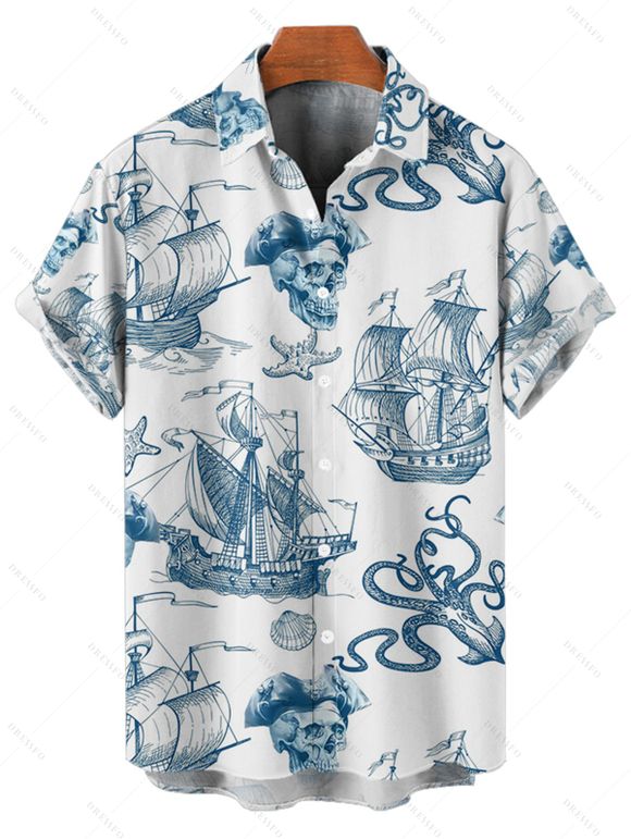 Chemise de plage à manches courtes et boutons pour homme, motif ancre de voile, étoiles de mer, crânes, éléments océaniques - Vert 2XL