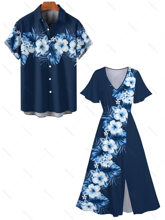 Vacation Couple Outfit Hibiscus Flower Pattern Slit Flare Sleeve A Line Dress and Button Up Shirt Casual Matching Outfit - Bleu de Minuit S | US 4